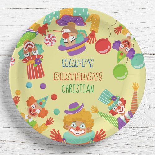 Clown circus birthday party personalized name paper plates