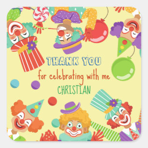 Clown circus birthday party personalized name square sticker