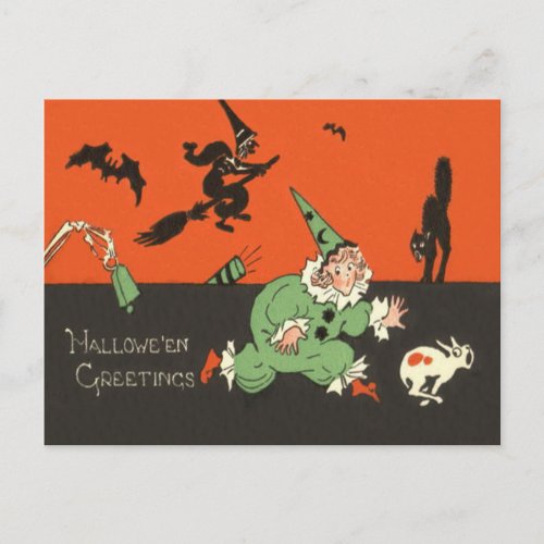 Clown Dog Witch Bat Black Cat Skeleton Postcard