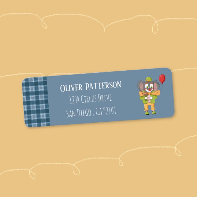 Clown Elephant Blue return Label Address (Cute blue return address label with a cartoon clown elephant . )