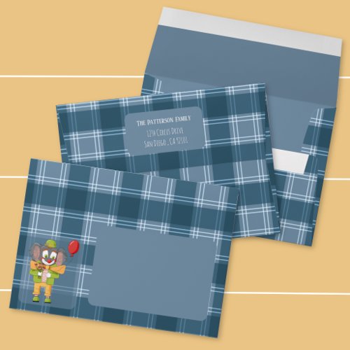 Clown Elephant Blue Tartan Envelope