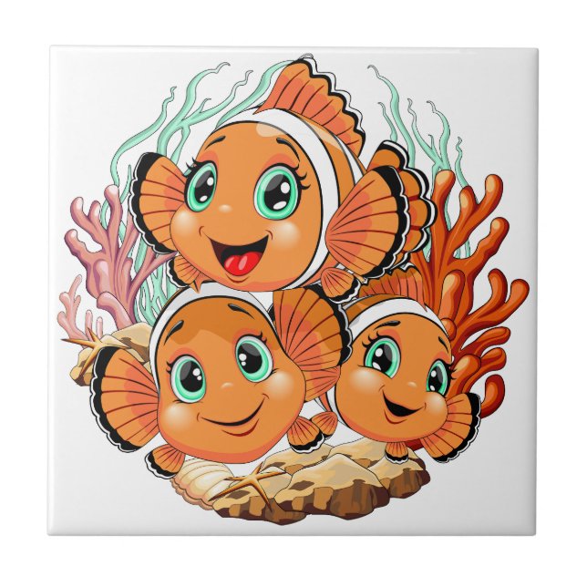Clown fish Cartoon cute Family Underwater Ceramic Tile (Front)