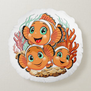 Clown fish Cartoon cute Family Underwater Round Pillow