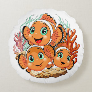Clown fish Cartoon cute Family Underwater Round Pillow