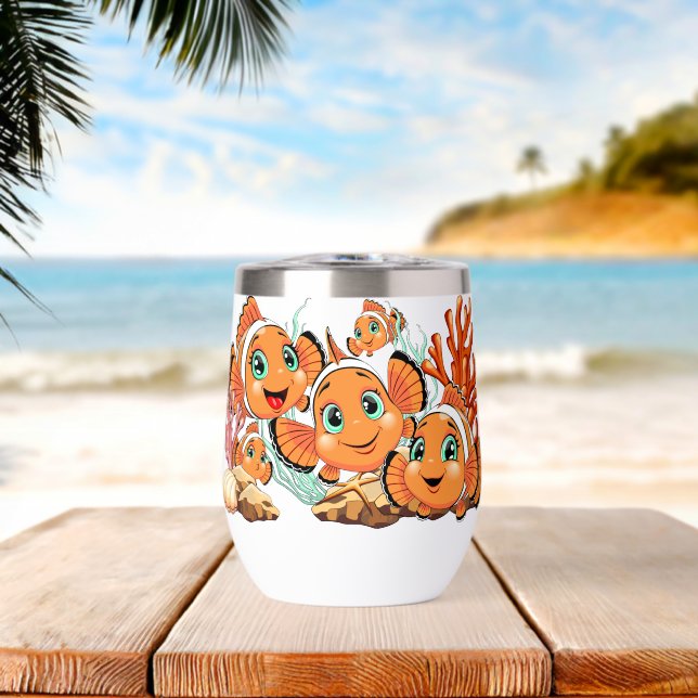 Clown fish Cartoon cute Family Underwater Thermal Wine Tumbler (Beach (Rotated))
