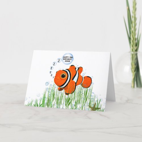 Clown fish in seaweed for 2nd birthday card