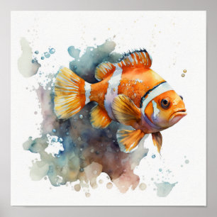 Clown fish in watercolor poster