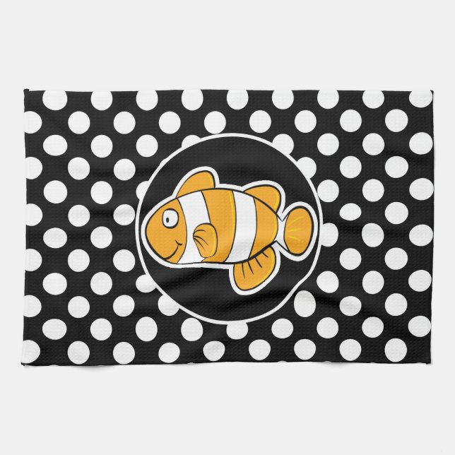 Clown fish on Black and White Polka Dots Kitchen Towel (Horizontal)