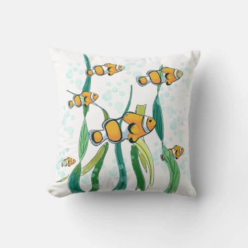 Clown Fish School in Bubbles color Drawing Throw Pillow