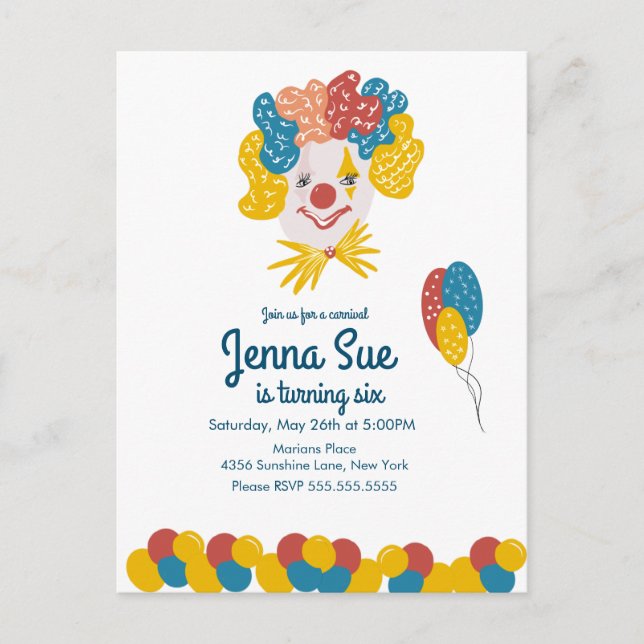 Clown Hand Drawn Carnival Birthday Colorful Invita Postcard (Front)