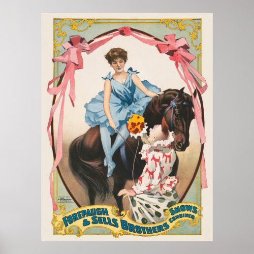 Clown Handing Flowers To A Woman On Horseback Poster