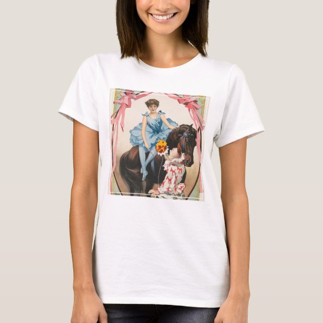 Clown Handing Flowers To A Woman On Horseback T-Shirt (Front)