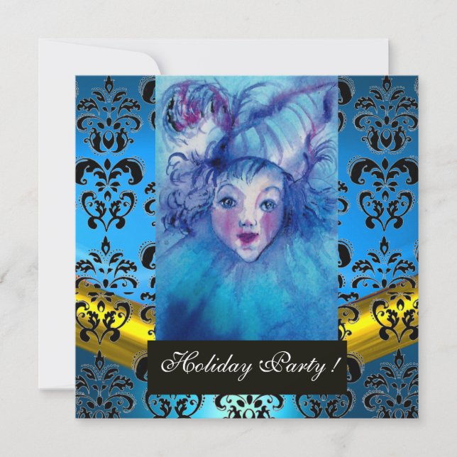 CLOWN IN BLUE,BLACK GOLD DAMASK MONOGRAM ,Sapphire Invitation (Front)