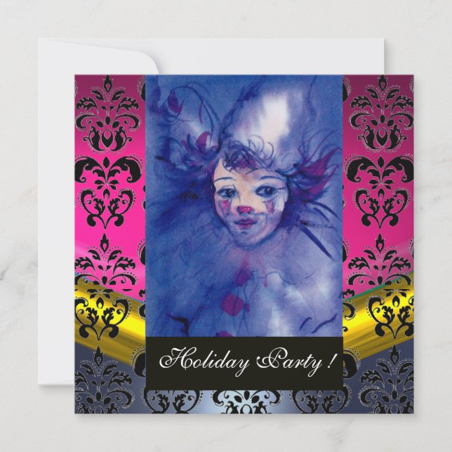 CLOWN IN PINK PURPLE, BLACK DAMASK MONOGRAM blue Invitation (Front)