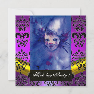 CLOWN IN PURPLE, BLACK DAMASK MONOGRAM Amethyst Invitation
