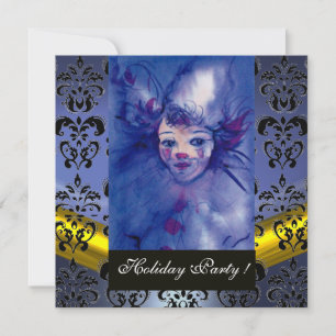 CLOWN IN PURPLE, BLACK DAMASK MONOGRAM blue topaz Invitation