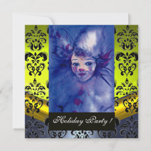 CLOWN IN PURPLE,YELLOW BLACK DAMASK MONOGRAM blue Invitation