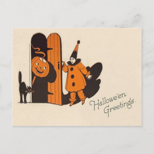 Clown Jack O Lantern Black Cat Postcard