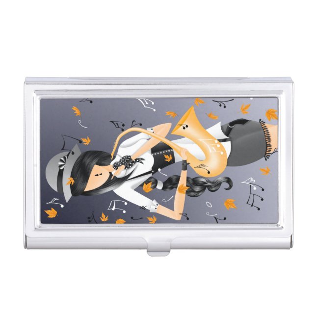 Clown Saxophonist Autumn Leaves  Business Card Case (Front)