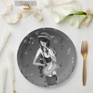 Clown Saxophonist Grey Monochrome Paper Plates