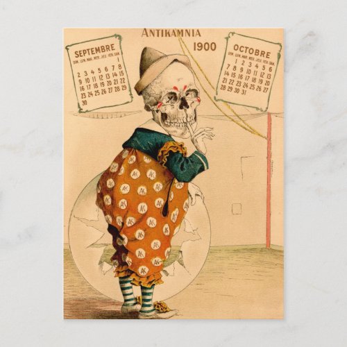 Clown Skeleton Vintage Illustration Postcard