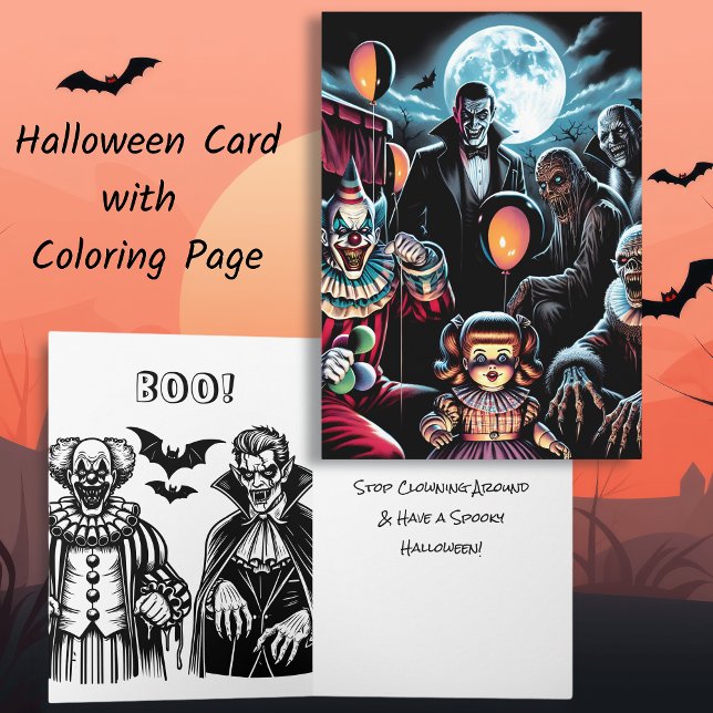 Clown, Vampire and Zombie Halloween Coloring Page Card (Creator Uploaded)