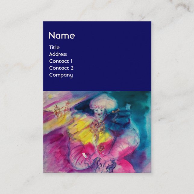 CLOWN WITH OWL AND VIOLIN ,yellow, pink blue Business Card (Front)