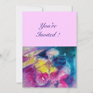 CLOWN WITH OWL AND VIOLIN ,yellow, pink blue Invitation