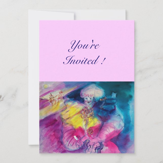 CLOWN WITH OWL AND VIOLIN ,yellow, pink blue Invitation (Front)
