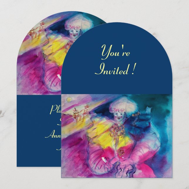 CLOWN WITH OWL AND VIOLIN ,yellow, pink blue Invitation (Front/Back)