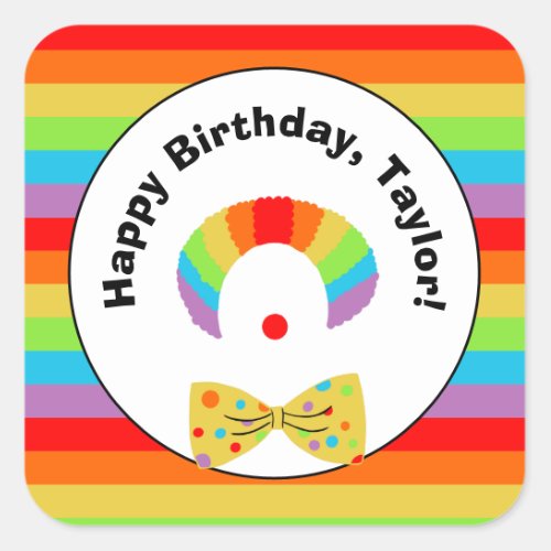 Clown with Rainbow Wig Personalized Birthday Party Square Sticker