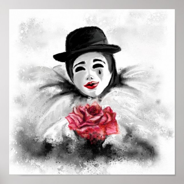 Clown with Rose Poster Black White Painting (Front)