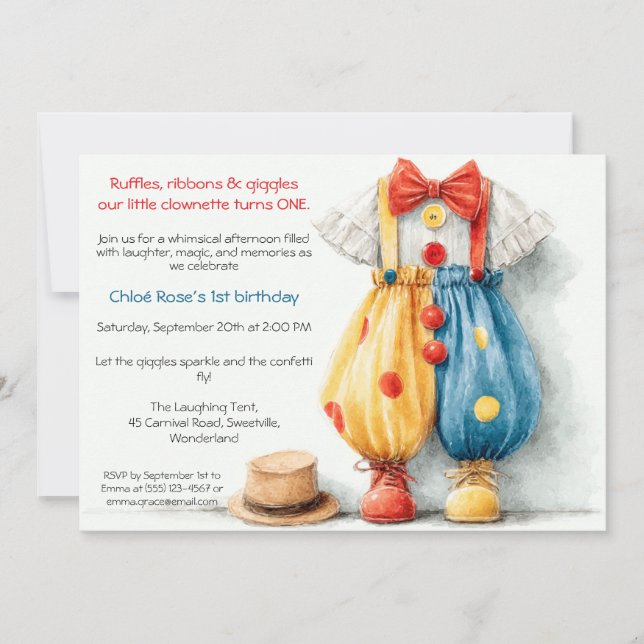 Clownette Couture 1st Birthday Party Invitation (Front)