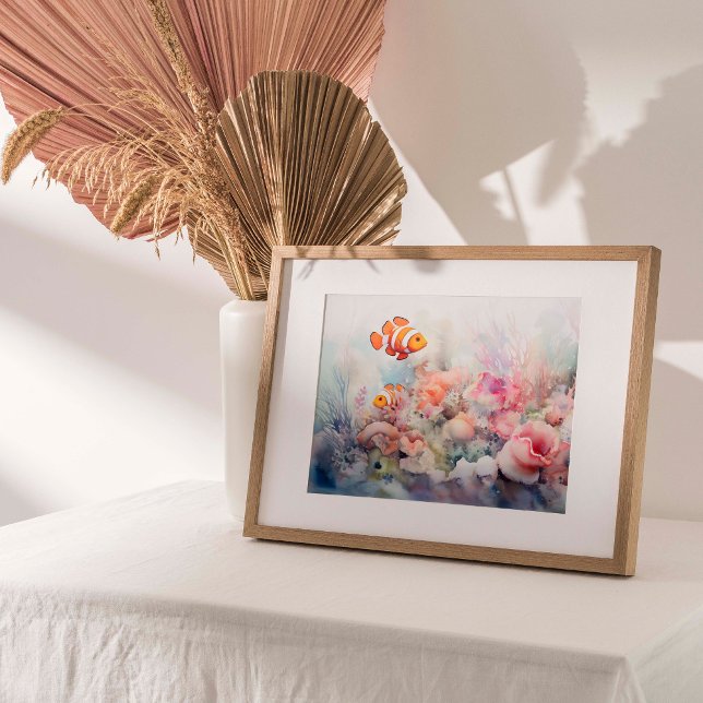 Clownfish Anemone Reef Watercolor Print (Two clownfish gracefully swimming among the swaying tentacles of a sea anemone reef in soft colors.)