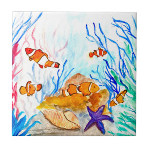 Clownfish Fish Watercolor Blue Nautical Ocean Ceramic Tile