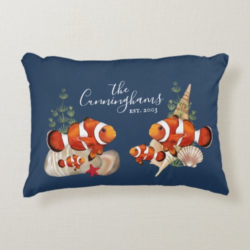 Clownfish on navy background custom text or name  accent pillow