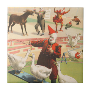 Clowns With Performing Geese, Roosters, & Donkey. Ceramic Tile