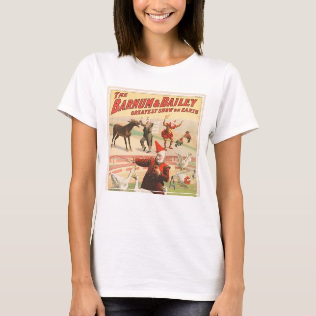 Clowns With Performing Geese, Roosters, & Donkey. T-Shirt (Front)