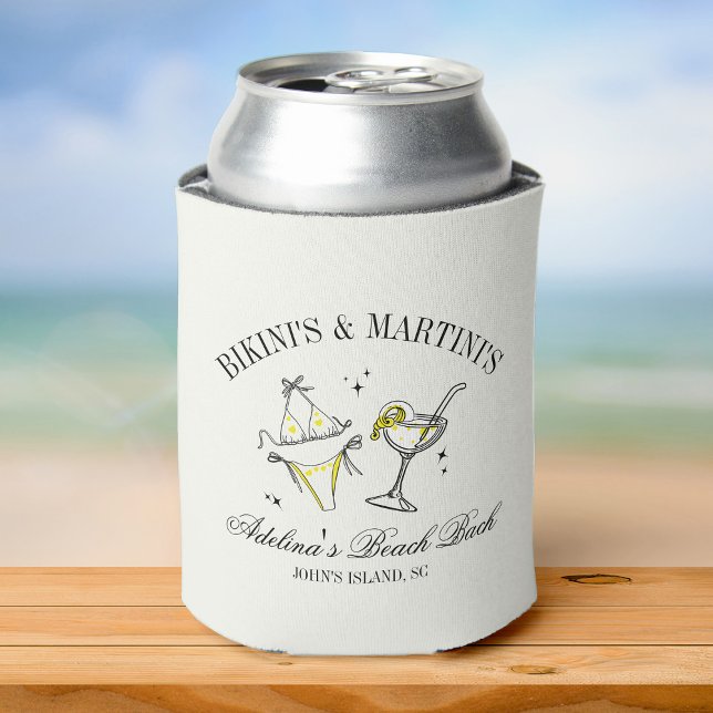 Club Bachelorette Party Favor Beach Bridal Custom Can Cooler (A can cooler with "Bikini's & Martinis" + custom info text + illustrations of a bikini + a cocktail)