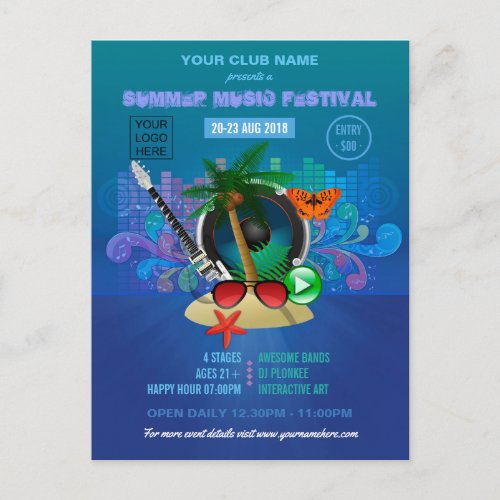 Club Summer Music Festival add logo advertisement Postcard