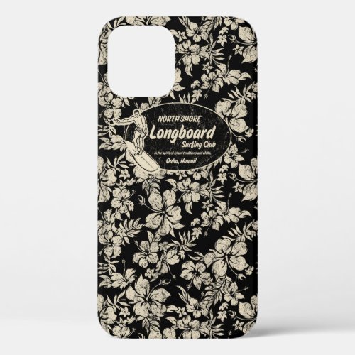 Club Surfing Longboard Hibiscus Hawaiian Black iPhone 12 Pro Case