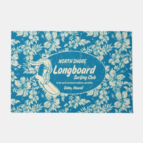 Club Surfing Longboard Logo and Hibiscus Azure Doormat