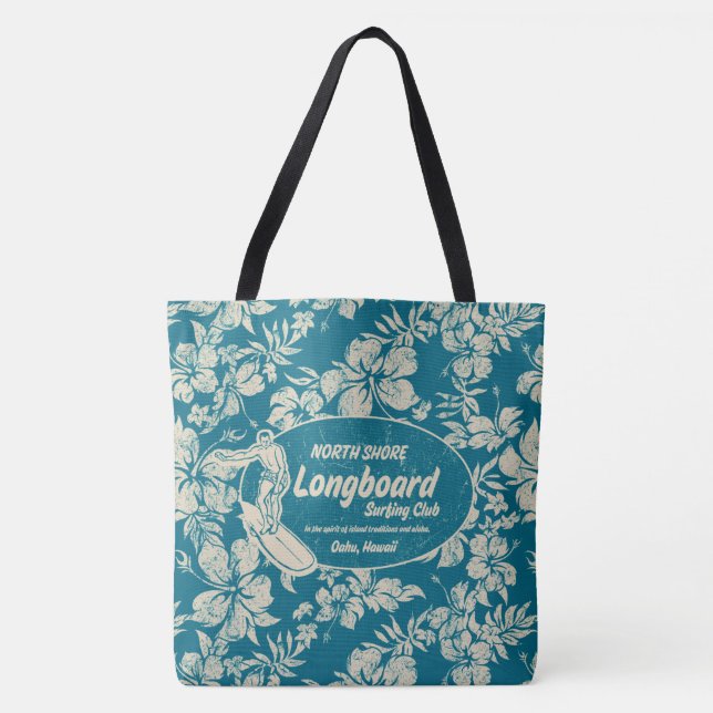 Club Surfing Longboard Logo and Hibiscus Beach Bag (Front)