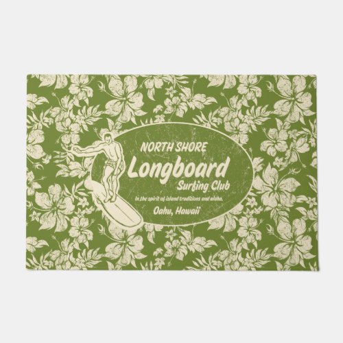 Club Surfing Longboard Logo and Hibiscus Green Doormat