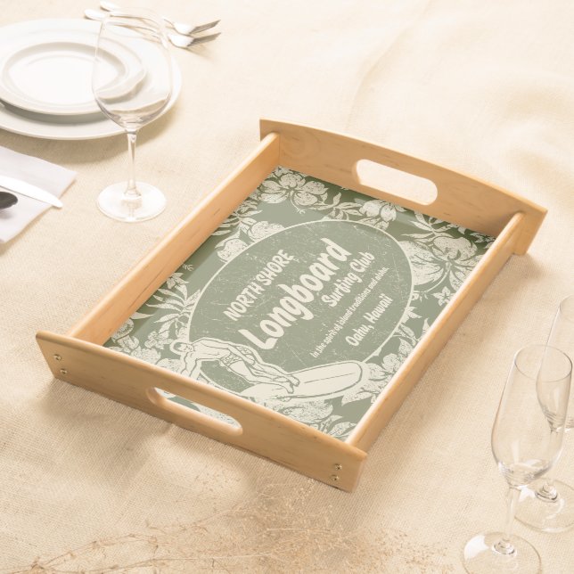 Club Surfing Longboard Logo and Hibiscus Hawaiian Serving Tray (Front)