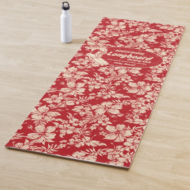 Club Surfing Longboard Logo and Hibiscus Hawaiian Yoga Mat (In Situ)