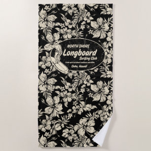 Club Surfing Longboard Logo Hibiscus Aloha- Black Beach Towel