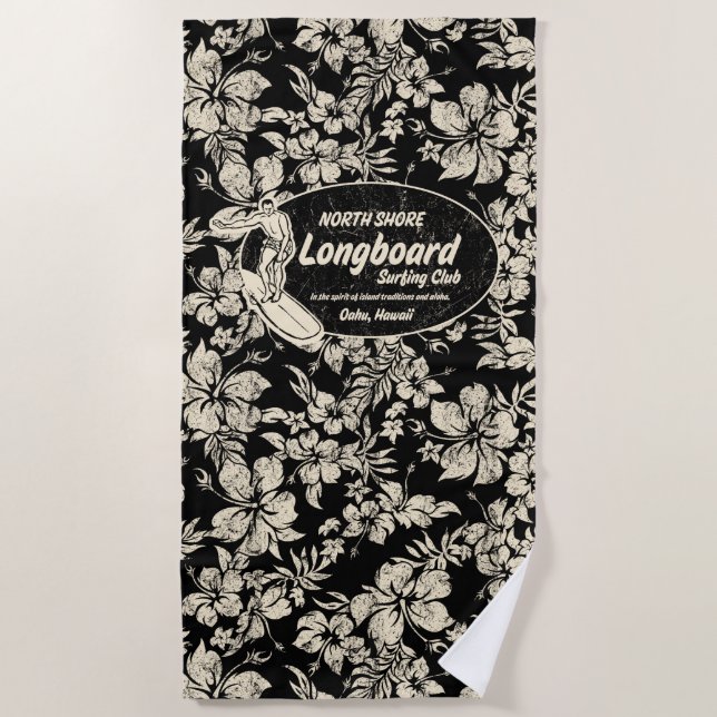Club Surfing Longboard Logo Hibiscus Aloha- Black Beach Towel (Front)