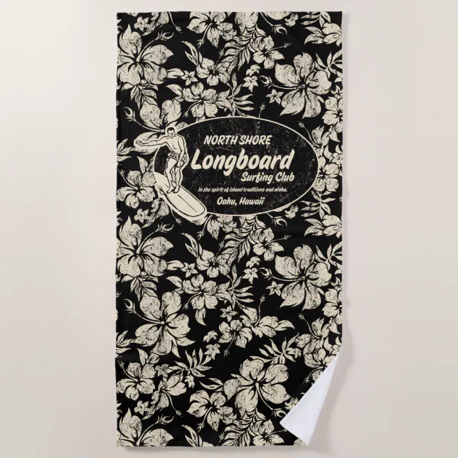 Club Surfing Longboard Logo Hibiscus Aloha Black Beach Towel Zazzle
