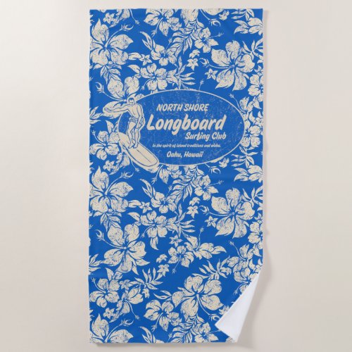 Club Surfing Longboard Logo Hibiscus Aloha_ Blue Beach Towel